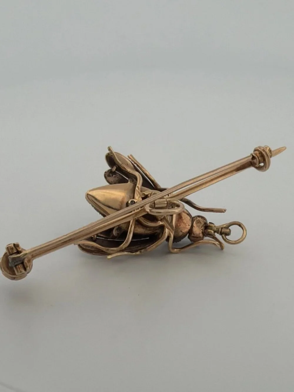 Antique Victorian Bee Brooch 14K Gold & Silver Diamond Emerald Cats Eye Quartz - Picture 5 of 13